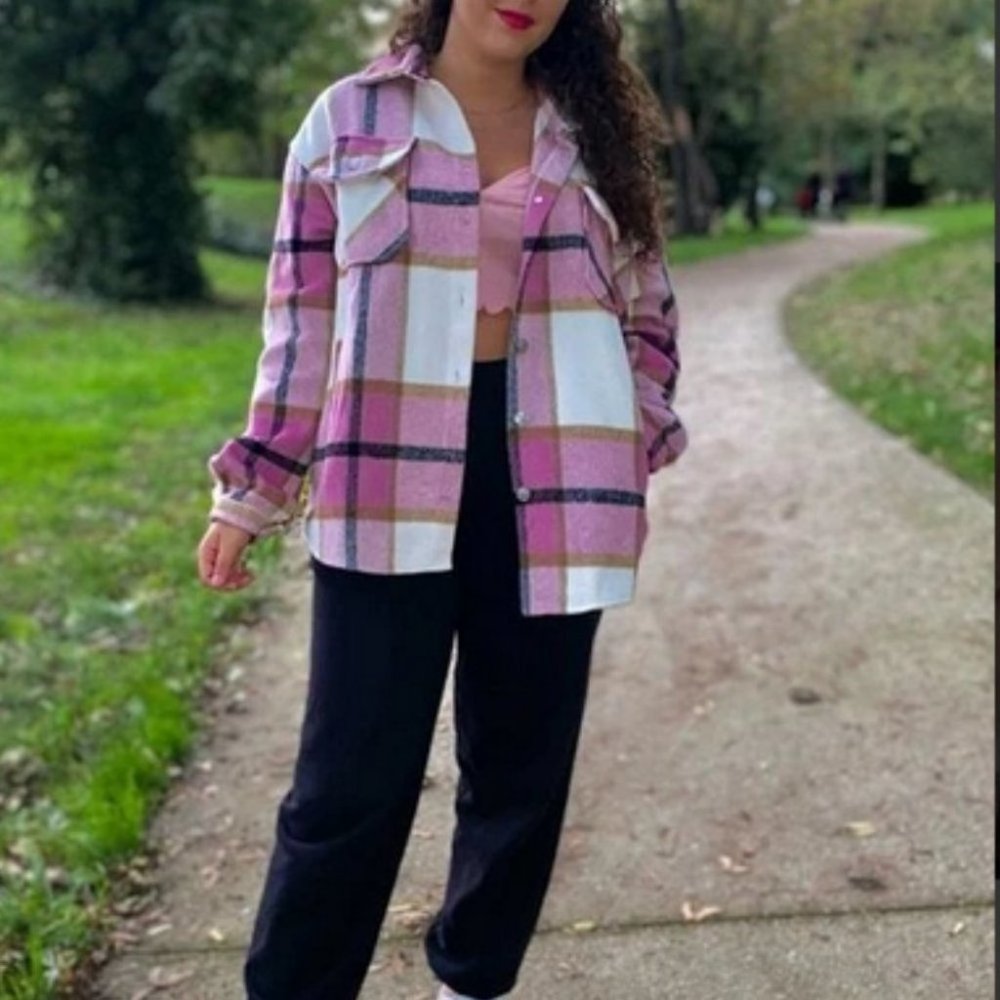 Casual Plaid Flap Pocket detailed button down pink Overshirt - Picture 5 of 16
